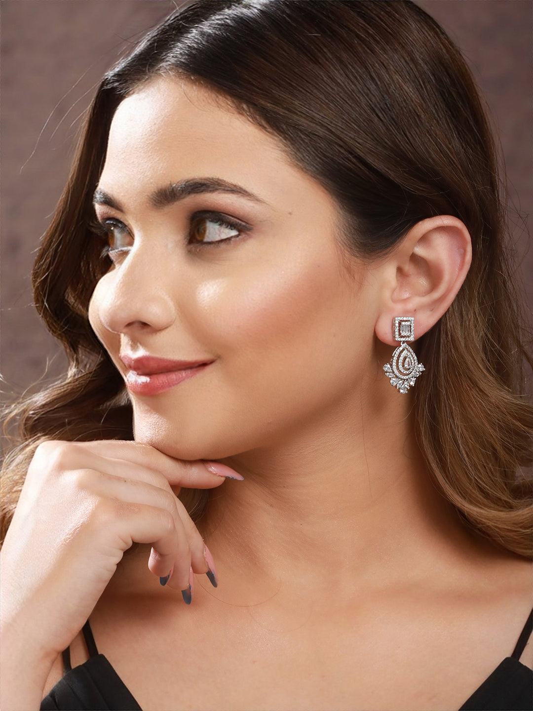 Silver Toned  CZ Studded Minimal Chandbali Earrings